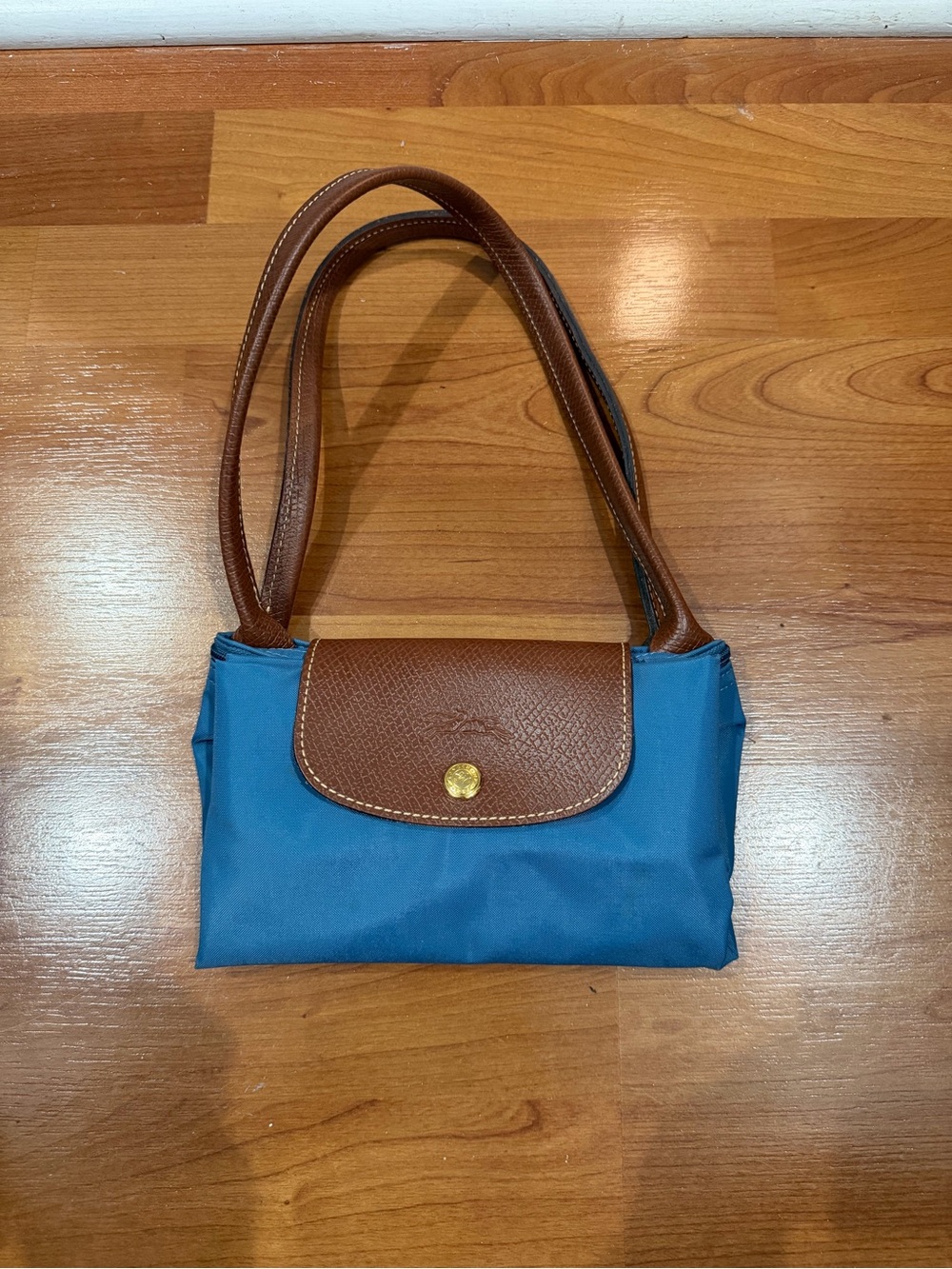Longchamp Blue Nylon Tote with Brown Leather Trim